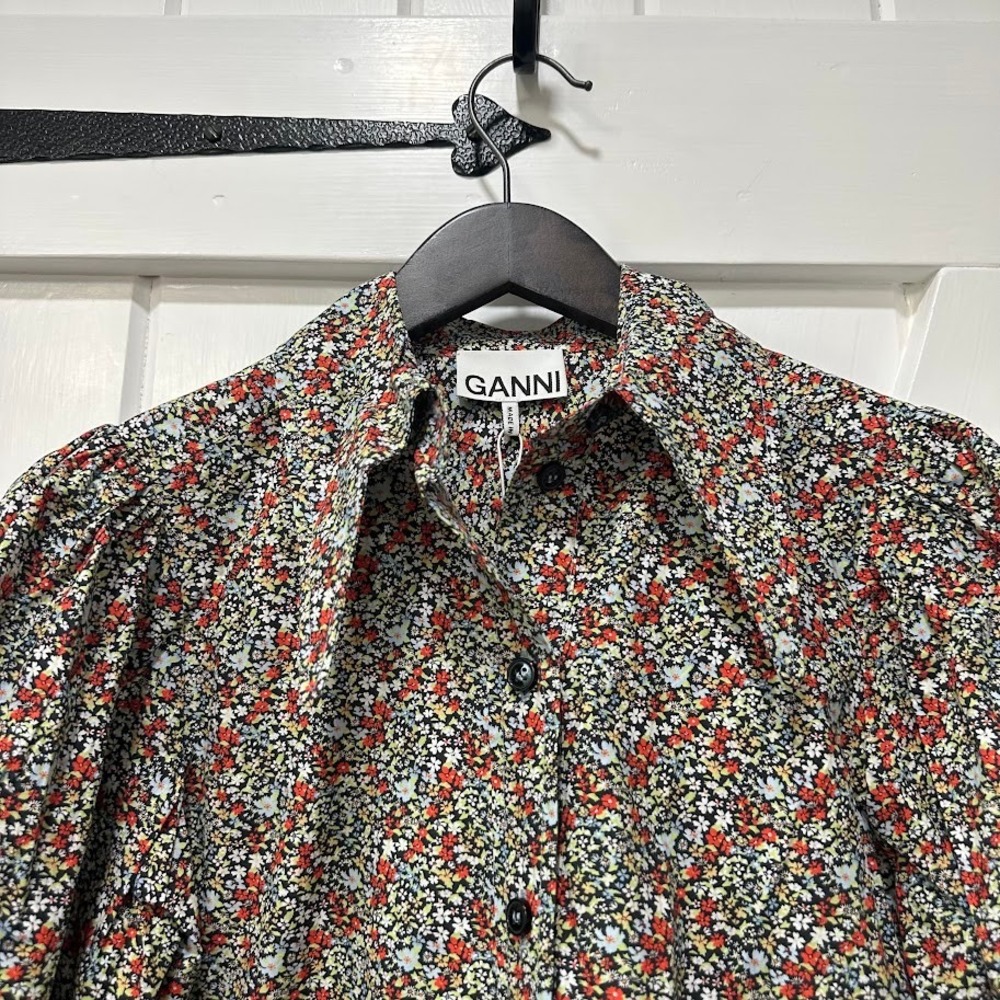 GANNI Womens Top Size 32 Placid Blue Floral Organic Cotton Puff Shoulder NEW - Picture 2 of 11